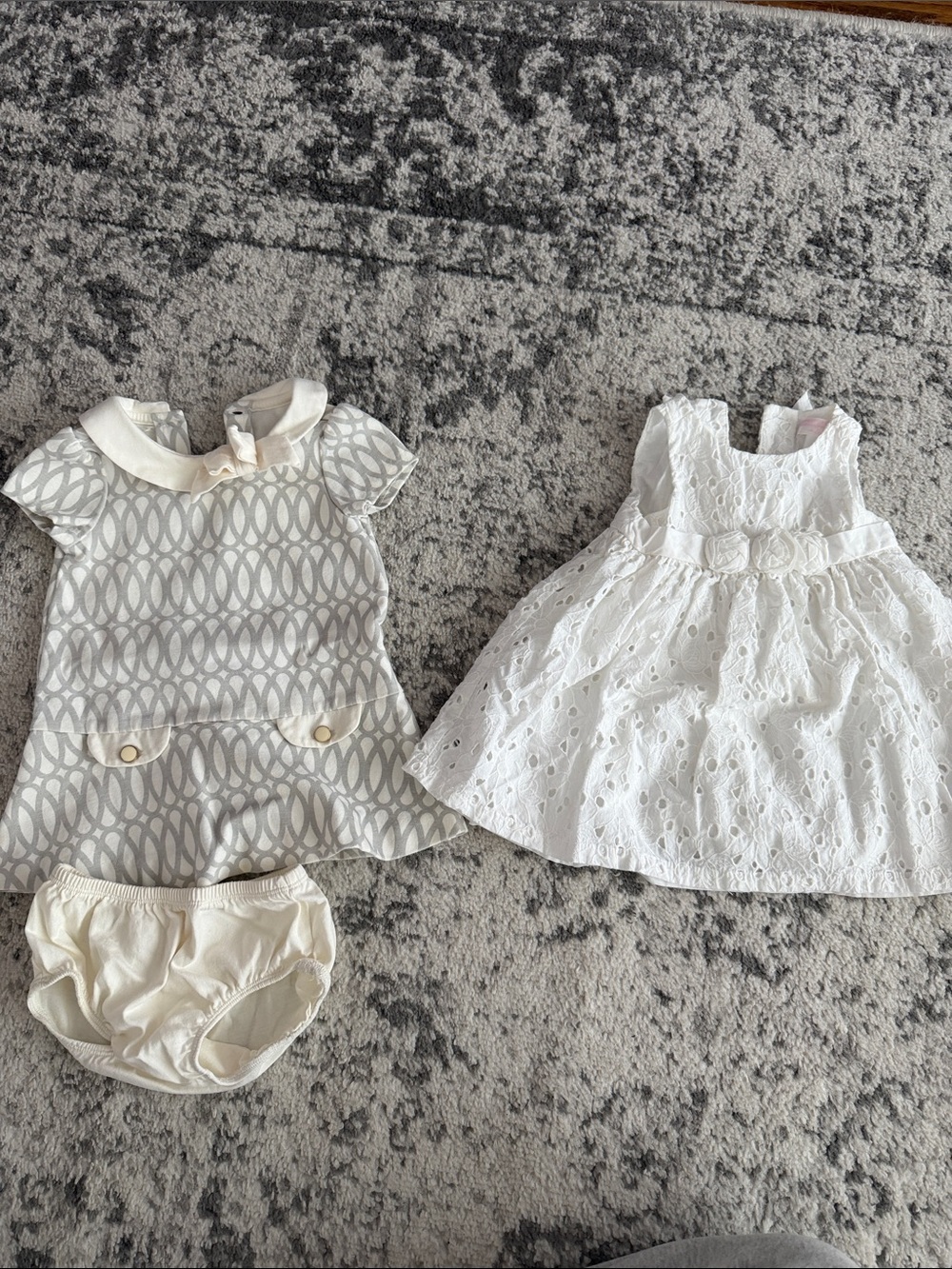 Janie and Jack x 2.    Baby Girls White Eyelet Dress and Cream Patterned Top Set